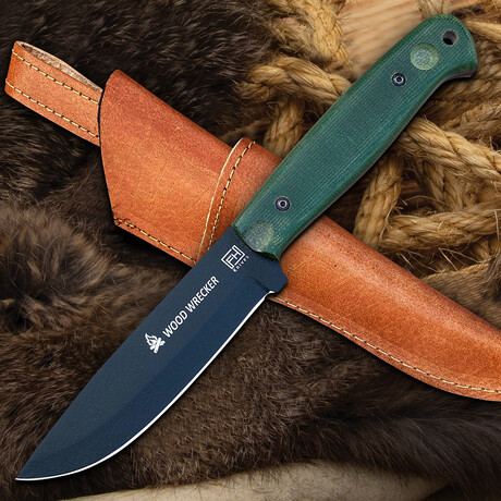 10" WoodWrecker Green Micarta // Bushcraft Knife // Leather Sheath