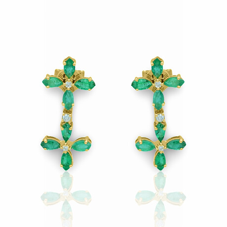 14K Yellow Gold Emerald + Diamond Flower Earrings // New
