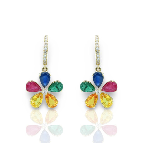 Fine Jewelry // 14K Yellow Gold Multicolor Sapphire + Diamond Flower Earrings // New