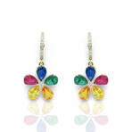 Fine Jewelry // 14K Yellow Gold Multicolor Sapphire + Diamond Flower Earrings // New