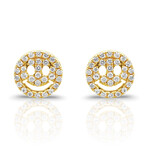 18K Yellow Gold Diamond Smiley Face Stud Earrings // New