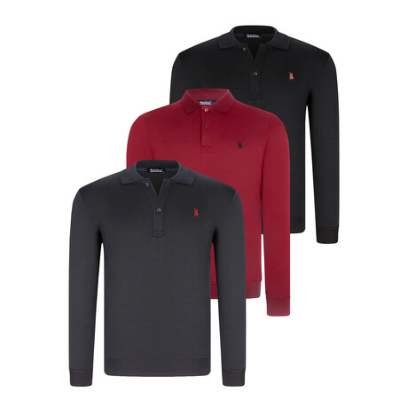 Lightweight Fleece Polos // Set Of 3 // Black + Red + Dark Blue (S)