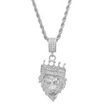Stainless Steel And Simulated Diamonds Lion'S Head With Crown Pendant