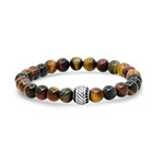 Red Tiger Eye, Stainless Steel And Black Simulated Diamonds Beaded Bracelet