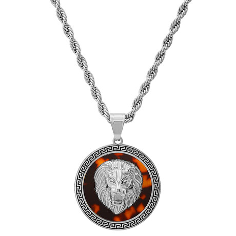 Stainless Steel Tortoise And Simulated Diamonds Round Lion Head Pendant With Greek Key Accents