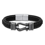 Black Braided Inlay Leather And Stainless Steel/Black Ip Horseshoe Bracelet