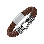 Brown Braided Inlay Leather And Stainless Steel/Black Ip Horseshoe Bracelet