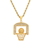 18K Gold Plated Stainless Steel And Simulated Diamonds Basketball Pendant