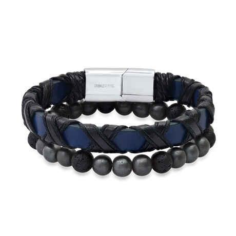 2Pc Set Blue/Black Braided Leather And Stainless Steel And Black Lava/Stainless Steel Beaded Bracelet