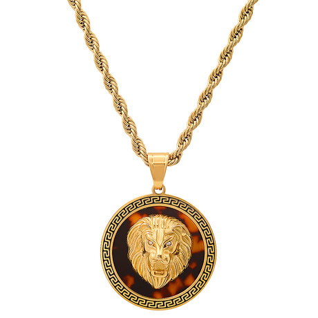 18K Gold Plated Stainless Steel Tortoise And Simulated Diamonds Round Lion Head Pendant With Greek Key Accents