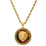 18K Gold Plated Stainless Steel Tortoise And Simulated Diamonds Round Lion Head Pendant With Greek Key Accents