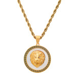 18K Gold Plated Stainless Steel Mother Of Pearl And Simulated Diamonds Round Lion Head Pendant With Greek Key Accents