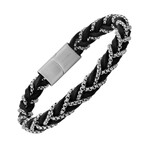 Black Leather And Stainless Steel Round Link Chain Braided Bracelet