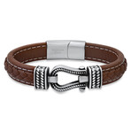 Brown Braided Inlay Leather And Stainless Steel/Black Ip Horseshoe Bracelet