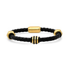 Black Braided Leather Bracelet With 18K Gold Plated Stainless Steel Accented Nut Designs And Black Rubber