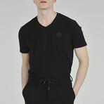 V-Neck Suede Texture Basic T-shirt // Black (S)