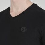 V-Neck Suede Texture Basic T-shirt // Black (S)
