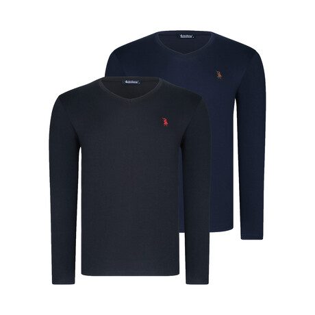 Set of 2 V-Neck Knit Tops // Dark Blue + Black (S)