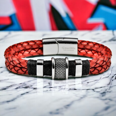 Polished Stainless Steel Distressed Red Leather Cuff Bracelet // 8.5"