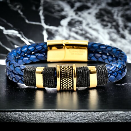 Gold Plated Stainless Steel Distressed Blue Leather Cuff Bracelet // 8.5"