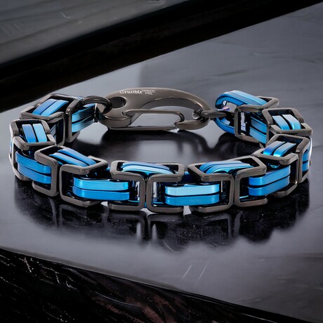 Black and Blue Plated Stainless Steel Byzantine Chain Bracelet (9")