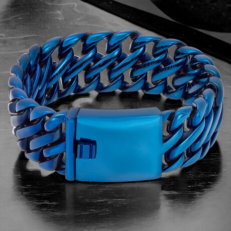 Blue Plated Stainless Steel Fancy Wide Curb Link Bracelet (8.5")