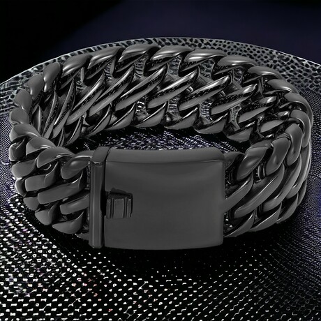 Black Plated Stainless Steel Fancy Wide Curb Link Bracelet (8.5")