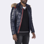 Hooded Bomber Quilted Jacket // Navy Blue (S)