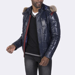 Hooded Bomber Quilted Jacket // Navy Blue (S)