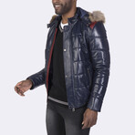 Hooded Bomber Quilted Jacket // Navy Blue (S)
