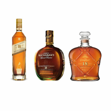 Crown Royal 18 Year Old Canadian Whisky + Buchanan's 18 Year Old Special Reserve Whisky + Johnnie Walker 18 Year Old // Set of 3 // 750 ml Each