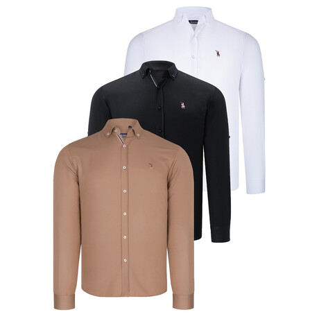Set of 3 Button Up Shirts // White + Black + Camel (S)