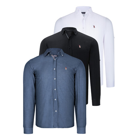 Set of 3 Button Up Shirts //  White + Black + Jean Blue (S)
