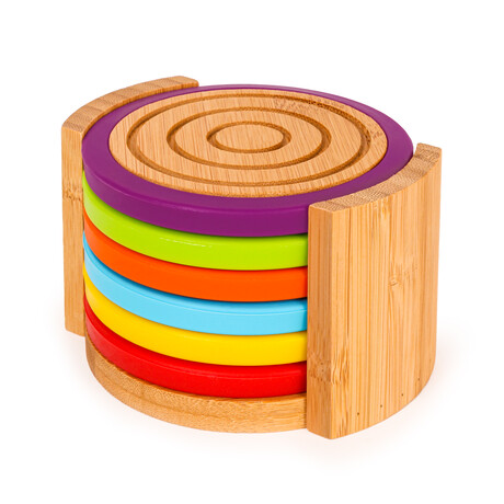 Bamboo 6pc Coaster Set with Silicone Rims 4.7x2.7",  Multi-color