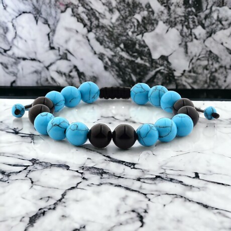 Turquoise + Onyx Stone Adjustable Bead Bracelet // 8"