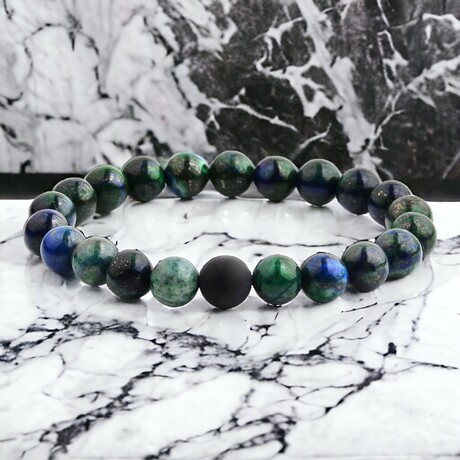 Azurite Chrysocolla + Matte Onyx Stone Bead Stretch Bracelet // 8.25"