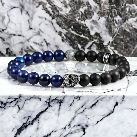 Steel Skull + Lapis Lazuli + Matte Onyx Stone Stretch Bracelet // 8.5"