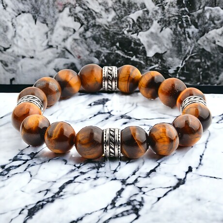 Tiger Eye Stone + Stainless Steel Accents Stretch Bracelet // 8"