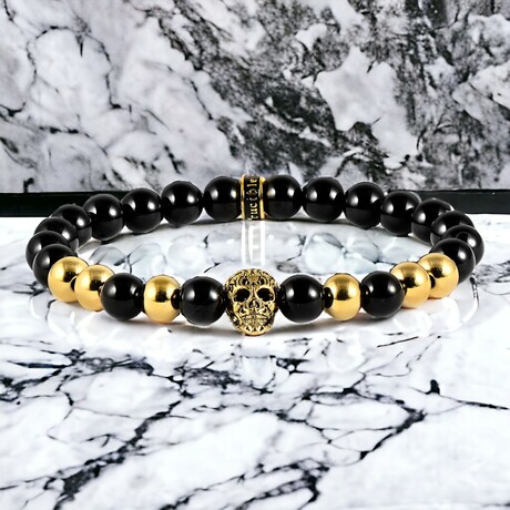 Gold Plated Stainless Steel Skull + Polished Onyx Stone Stretch Bracelet // 8"