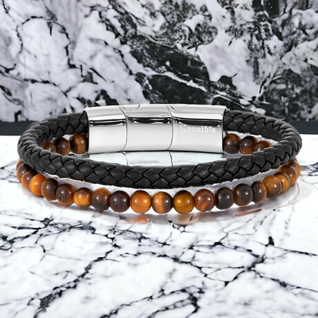 Tiger Eye Stone + Steel Clasp + Layered Leather Cuff Bracelet // 8.75"