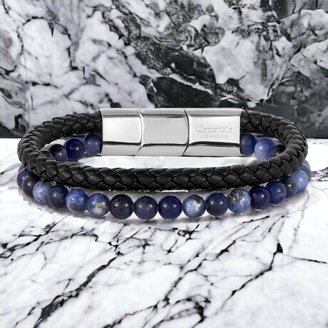 Sodalite Stone + Steel Clasp + Layered Leather Cuff Bracelet // 8.75"