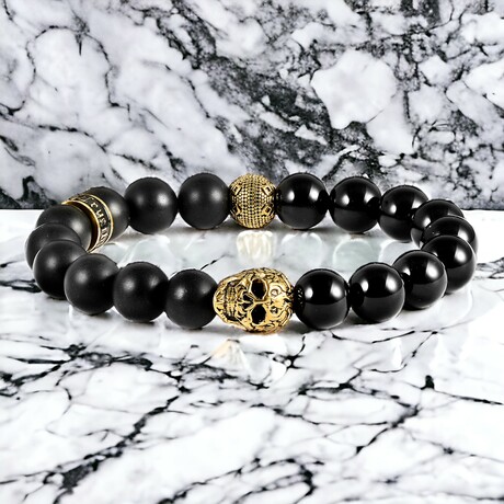 Gold Plated Steel Skull + Matte and Polished Onyx Stone Stretch Bracelet // 8"
