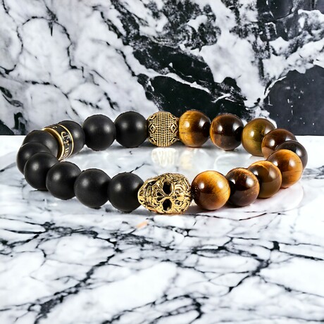 Gold Plated Steel Skull + Tiger Eye + Matte Onyx Stone Stretch Bracelet // 8"