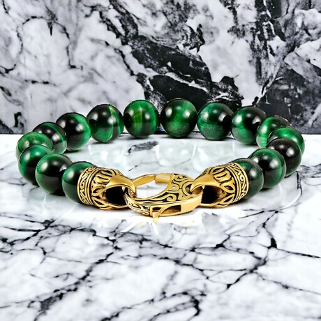 Green Tiger Eye Stone + Antiqued Gold Plated Steel Clasp // 8"
