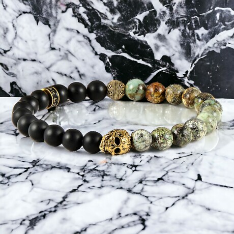 Gold Plated Steel Skull + African Turquoise + Matte Onyx Stone Stretch Bracelet // 8.5"
