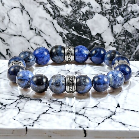 Sodalite Stone + Stainless Steel Accents Stretch Bracelet // 8"