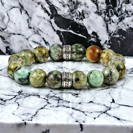 African Turquoise Stone + Stainless Steel Accents Stretch Bracelet // 8"