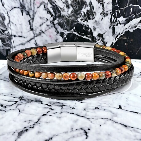 Picasso Jasper Stone + Layered Leather Cuff Bracelet // 8.5"
