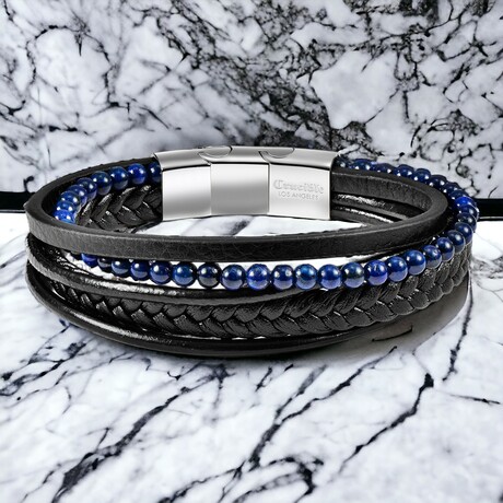 Lapis Lazuli Stone + Layered Leather Cuff Bracelet // 8.5"