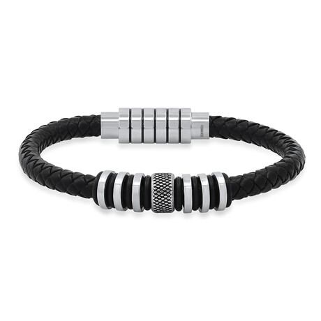 Black Braided Leather w/ Stainless Steel Beads Bracelet